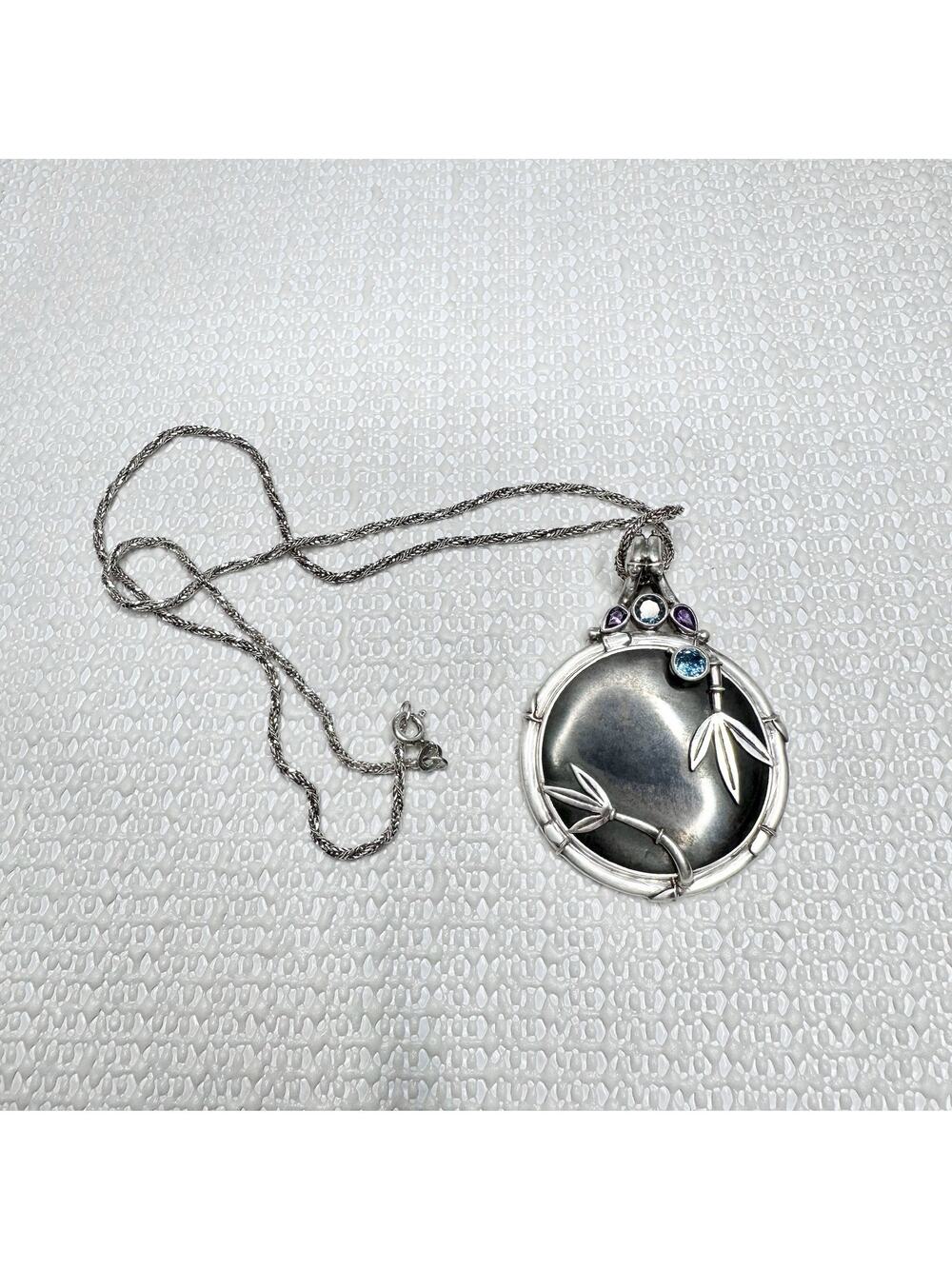 Vintage Sajen Sterling Silver Bamboo Round Pendant With Chain